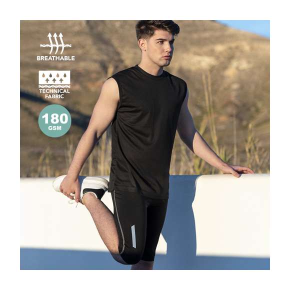  	Pantalón malla deportiva de diseño unisex en resistente y ligero material técnico, fabricado en combinación de poliéster y spandex de 180g/m2. De tejido altamente transpirable, con costuras reforzadas y tiras reflectantes de alta visibilidad. Disponible en tallas S, M, L, XL.
