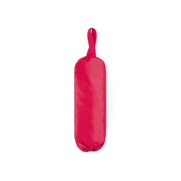 Bolsa de reciclaje para guardar bolsas de plástico. En suave poliéster 210D de alegres colores y con apertura superior e inferior. Con cinta a juego para colgar.