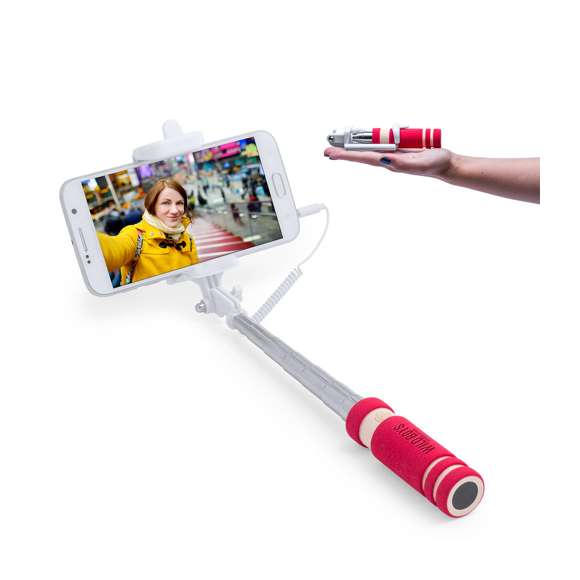  	Compacto palo selfie plegable, de diseño minimalista, con conexión jack de 3,5mm, sistema antigiro y disparador integrado en mango. Recorrido de acero inox y sistema de almohadillas en el soporte para así ofrecer un óptimo ajuste y protección del smartphone, además de una tuerca de ajuste a fijar según la inclinación que se desee, para así hacerse selfies todavía más variados y divertidos. Compatible con todo tipo de smartphones y especialmente diseñado para marcaje en mango a láser, con accesorios a juego y presentado en atractiva caja de diseño.