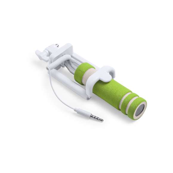 	Compacto palo selfie plegable, de diseño minimalista, con conexión jack de 3,5mm, sistema antigiro y disparador integrado en mango. Recorrido de acero inox y sistema de almohadillas en el soporte para así ofrecer un óptimo ajuste y protección del smartphone, además de una tuerca de ajuste a fijar según la inclinación que se desee, para así hacerse selfies todavía más variados y divertidos. Compatible con todo tipo de smartphones y especialmente diseñado para marcaje en mango a láser, con accesorios a juego y presentado en atractiva caja de diseño.
