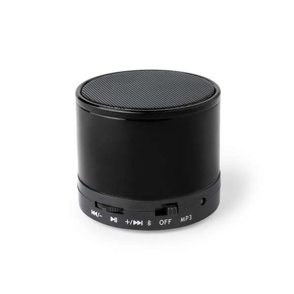 Compacto altavoz con conexión Bluetooth® 5.0 Y 3W de potencia.Función manos libres,  ranura para tarjetas mini SD de hasta 64 GB de capacidad, función radio FM y entrada auxiliar de línea mediante conexión jack de 3,5mm. Con soportes de goma antideslizantes en la base. Compatible con iOS y Android, incluye cable de carga y cable auxiliar jack de 3,5mm. Presentado en atractiva caja de diseño, con manual de instrucciones en español e inglés. Disponible en extensa gama de colores metalizados.
