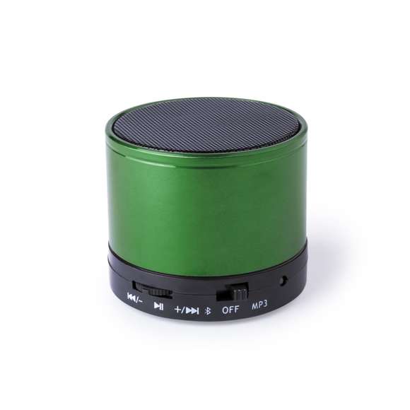 Compacto altavoz con conexión Bluetooth® 5.0 Y 3W de potencia.Función manos libres,  ranura para tarjetas mini SD de hasta 64 GB de capacidad, función radio FM y entrada auxiliar de línea mediante conexión jack de 3,5mm. Con soportes de goma antideslizantes en la base. Compatible con iOS y Android, incluye cable de carga y cable auxiliar jack de 3,5mm. Presentado en atractiva caja de diseño, con manual de instrucciones en español e inglés. Disponible en extensa gama de colores metalizados.