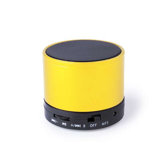 Compacto altavoz con conexión Bluetooth® 5.0 Y 3W de potencia.Función manos libres,  ranura para tarjetas mini SD de hasta 64 GB de capacidad, función radio FM y entrada auxiliar de línea mediante conexión jack de 3,5mm. Con soportes de goma antideslizantes en la base. Compatible con iOS y Android, incluye cable de carga y cable auxiliar jack de 3,5mm. Presentado en atractiva caja de diseño, con manual de instrucciones en español e inglés. Disponible en extensa gama de colores metalizados.