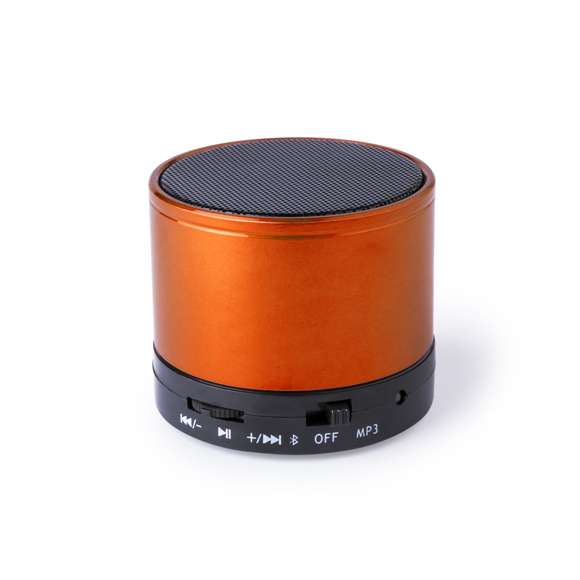 Compacto altavoz con conexión Bluetooth® 5.0 Y 3W de potencia.Función manos libres,  ranura para tarjetas mini SD de hasta 64 GB de capacidad, función radio FM y entrada auxiliar de línea mediante conexión jack de 3,5mm. Con soportes de goma antideslizantes en la base. Compatible con iOS y Android, incluye cable de carga y cable auxiliar jack de 3,5mm. Presentado en atractiva caja de diseño, con manual de instrucciones en español e inglés. Disponible en extensa gama de colores metalizados.