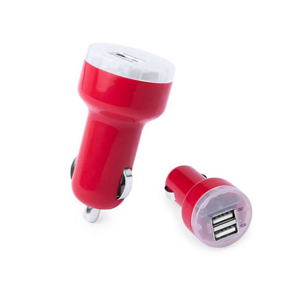  	Cargador USB para mechero de coche de 2.100 mAh de capacidad de carga en desenfadados colores. Con salida USB dual que permite la carga simultánea de dos dispositivos móviles. Con led indicador de carga y presentado en caja individual.