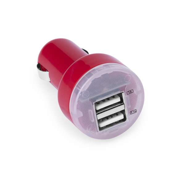  	Cargador USB para mechero de coche de 2.100 mAh de capacidad de carga en desenfadados colores. Con salida USB dual que permite la carga simultánea de dos dispositivos móviles. Con led indicador de carga y presentado en caja individual.