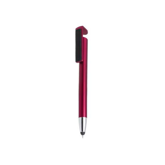 Bolígrafo puntero multifunción de mecanismo pulsador en desenfadados colores y con clip de doble función especialmente diseñado para servir como soporte para dispositivo móvil y también como limpiador de pantalla. Con cuerpo en acabado metalizado, especialmente diseñado para marcaje en tampografía y tinta negra.