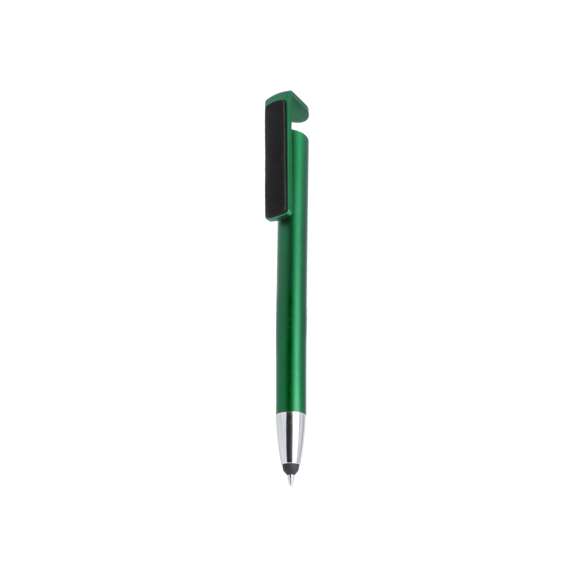 Bolígrafo puntero multifunción de mecanismo pulsador en desenfadados colores y con clip de doble función especialmente diseñado para servir como soporte para dispositivo móvil y también como limpiador de pantalla. Con cuerpo en acabado metalizado, especialmente diseñado para marcaje en tampografía y tinta negra.
