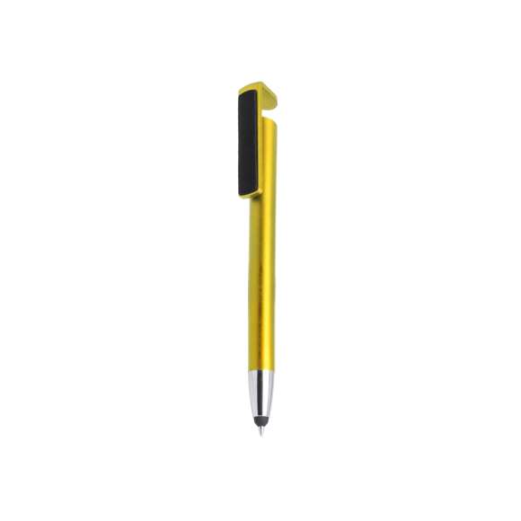 Bolígrafo puntero multifunción de mecanismo pulsador en desenfadados colores y con clip de doble función especialmente diseñado para servir como soporte para dispositivo móvil y también como limpiador de pantalla. Con cuerpo en acabado metalizado, especialmente diseñado para marcaje en tampografía y tinta negra.