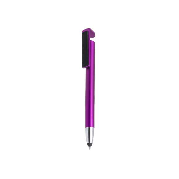 Bolígrafo puntero multifunción de mecanismo pulsador en desenfadados colores y con clip de doble función especialmente diseñado para servir como soporte para dispositivo móvil y también como limpiador de pantalla. Con cuerpo en acabado metalizado, especialmente diseñado para marcaje en tampografía y tinta negra.