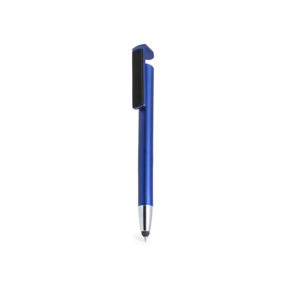 Bolígrafo puntero multifunción de mecanismo pulsador en desenfadados colores y con clip de doble función especialmente diseñado para servir como soporte para dispositivo móvil y también como limpiador de pantalla. Con cuerpo en acabado metalizado, especialmente diseñado para marcaje en tampografía y tinta negra.