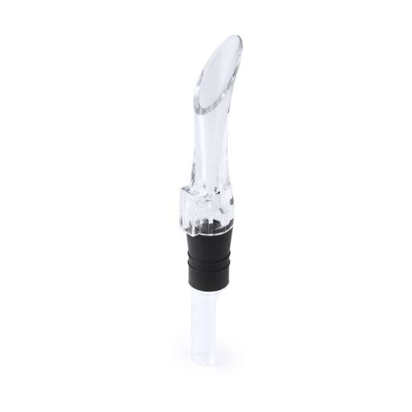 Aireador para vino con cuerpo en material acrílico de acabado transparente y ajuste de seguridad. Presentado en atractiva caja de diseño en PVC.