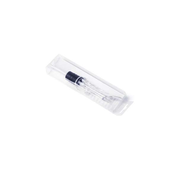 Aireador para vino con cuerpo en material acrílico de acabado transparente y ajuste de seguridad. Presentado en atractiva caja de diseño en PVC.