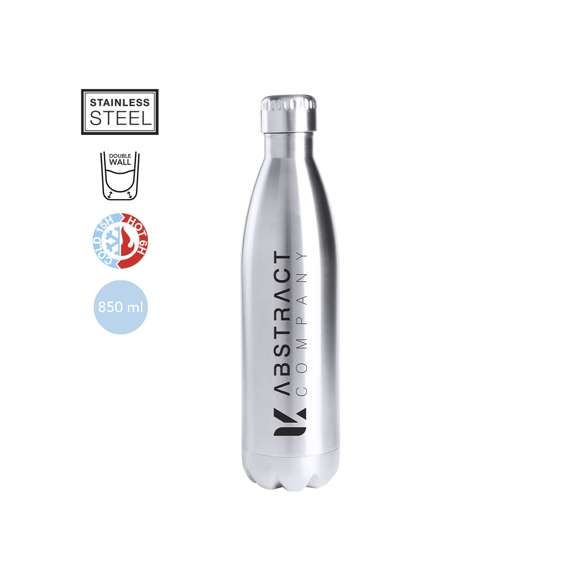 Botella térmica de acero inox de 850ml de capacidad en acabado brillante. Con tapón de seguridad y presentada en atractiva caja de diseño. Disponible manual de instrucciones en español e inglés.
