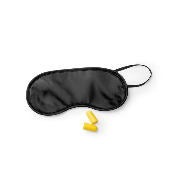 Set de viaje de mascarilla y tapones para oídos. Mascarilla en suave y confortable microfibra de vivos colores con elástico de ajuste a juego. Tapones en confortable material EVA de color amarillo. Presentado en bolsa individual.