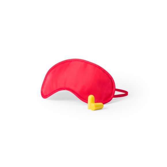 Set de viaje de mascarilla y tapones para oídos. Mascarilla en suave y confortable microfibra de vivos colores con elástico de ajuste a juego. Tapones en confortable material EVA de color amarillo. Presentado en bolsa individual.
