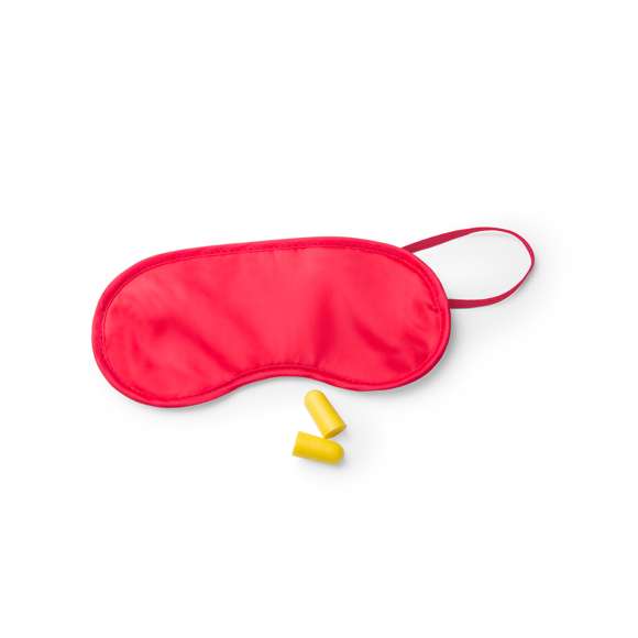 Set de viaje de mascarilla y tapones para oídos. Mascarilla en suave y confortable microfibra de vivos colores con elástico de ajuste a juego. Tapones en confortable material EVA de color amarillo. Presentado en bolsa individual.