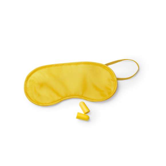 Set de viaje de mascarilla y tapones para oídos. Mascarilla en suave y confortable microfibra de vivos colores con elástico de ajuste a juego. Tapones en confortable material EVA de color amarillo. Presentado en bolsa individual.