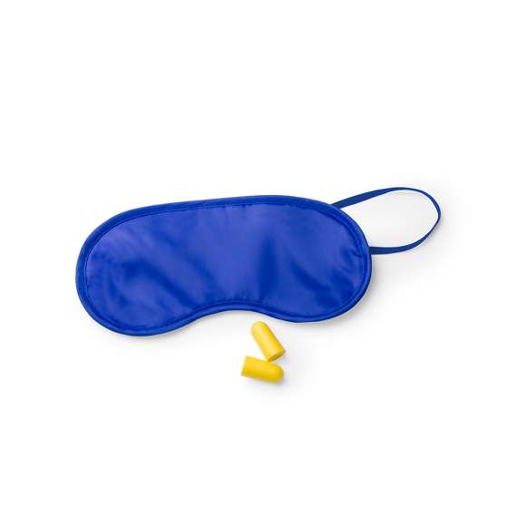 Set de viaje de mascarilla y tapones para oídos. Mascarilla en suave y confortable microfibra de vivos colores con elástico de ajuste a juego. Tapones en confortable material EVA de color amarillo. Presentado en bolsa individual.