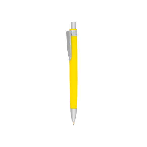  	Bolígrafo de mecanismo pulsador de atrevido diseño bicolor con accesorios en gris plateado y cuerpo de suave acabado en vivos colores. Con original clip a juego. Tinta azul.