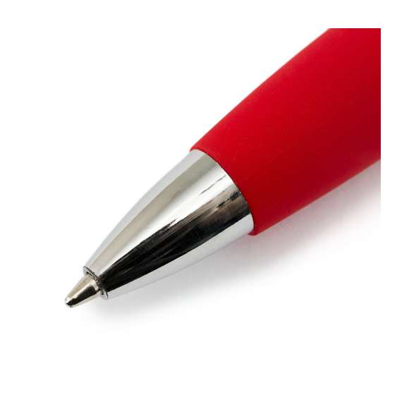  	Bolígrafo de mecanismo pulsador de atrevido diseño bicolor con accesorios en color plateado y cuerpo de suave acabado en divertidos colores sólidos. Con original clip metálico troquelado a juego y cómoda empuñadura. Tinta azul.
