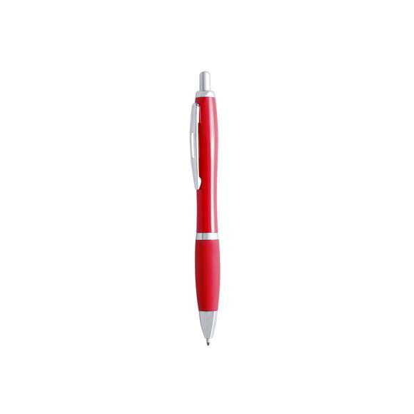  	Bolígrafo de mecanismo pulsador de atrevido diseño bicolor con accesorios en color plateado y cuerpo de suave acabado en divertidos colores sólidos. Con original clip metálico troquelado a juego y cómoda empuñadura. Tinta azul.