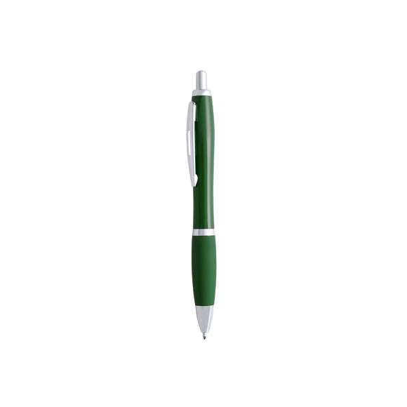  	Bolígrafo de mecanismo pulsador de atrevido diseño bicolor con accesorios en color plateado y cuerpo de suave acabado en divertidos colores sólidos. Con original clip metálico troquelado a juego y cómoda empuñadura. Tinta azul.