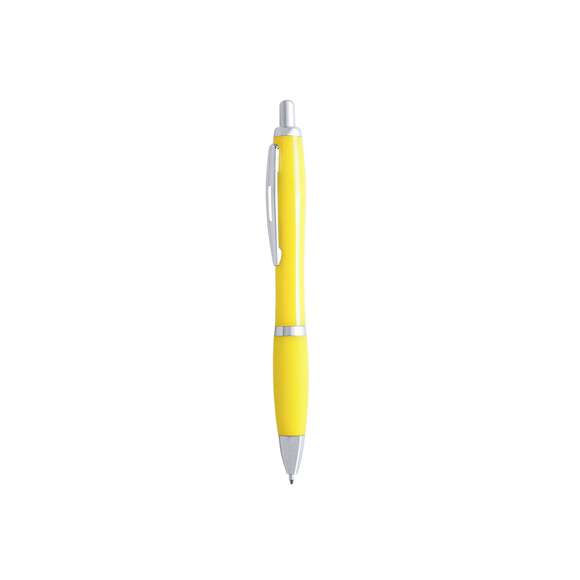  	Bolígrafo de mecanismo pulsador de atrevido diseño bicolor con accesorios en color plateado y cuerpo de suave acabado en divertidos colores sólidos. Con original clip metálico troquelado a juego y cómoda empuñadura. Tinta azul.