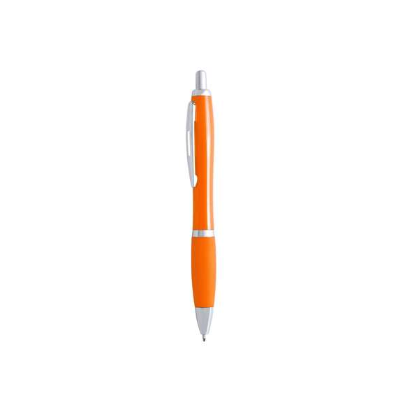  	Bolígrafo de mecanismo pulsador de atrevido diseño bicolor con accesorios en color plateado y cuerpo de suave acabado en divertidos colores sólidos. Con original clip metálico troquelado a juego y cómoda empuñadura. Tinta azul.
