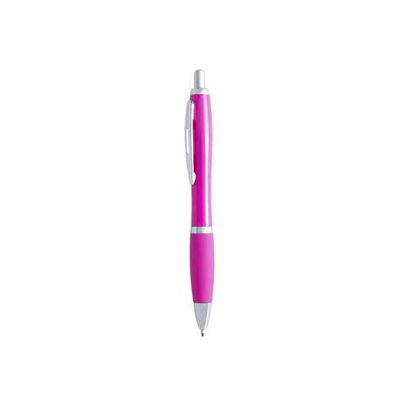  	Bolígrafo de mecanismo pulsador de atrevido diseño bicolor con accesorios en color plateado y cuerpo de suave acabado en divertidos colores sólidos. Con original clip metálico troquelado a juego y cómoda empuñadura. Tinta azul.