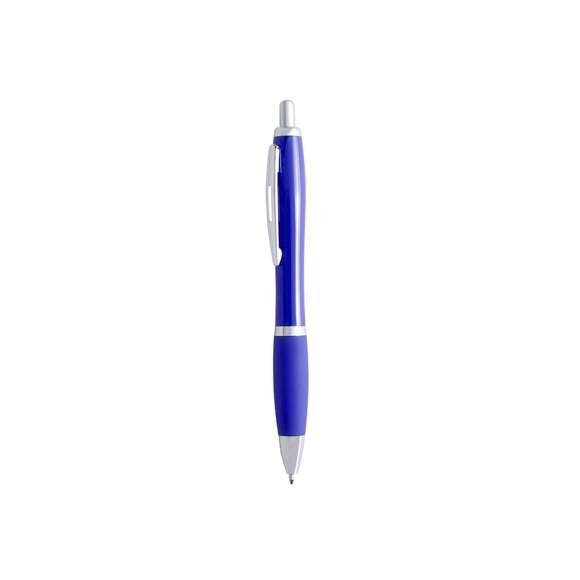  	Bolígrafo de mecanismo pulsador de atrevido diseño bicolor con accesorios en color plateado y cuerpo de suave acabado en divertidos colores sólidos. Con original clip metálico troquelado a juego y cómoda empuñadura. Tinta azul.