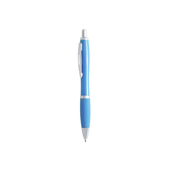  	Bolígrafo de mecanismo pulsador de atrevido diseño bicolor con accesorios en color plateado y cuerpo de suave acabado en divertidos colores sólidos. Con original clip metálico troquelado a juego y cómoda empuñadura. Tinta azul.