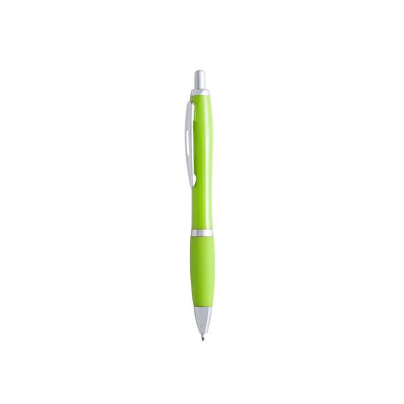  	Bolígrafo de mecanismo pulsador de atrevido diseño bicolor con accesorios en color plateado y cuerpo de suave acabado en divertidos colores sólidos. Con original clip metálico troquelado a juego y cómoda empuñadura. Tinta azul.