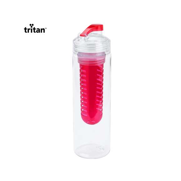  	Bidón de 700ml de capacidad en material tritán resistente al calor. Con dosificador de seguridad y tapón a rosca con accesorio enfriador en vivos colores. Presentado en caja individual.
