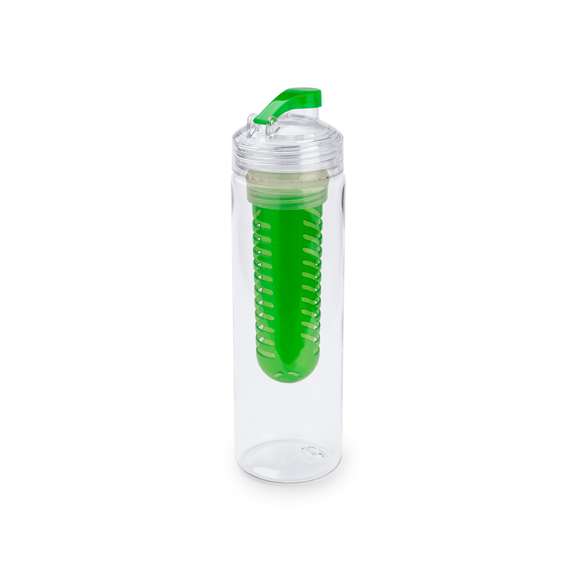  	Bidón de 700ml de capacidad en material tritán resistente al calor. Con dosificador de seguridad y tapón a rosca con accesorio enfriador en vivos colores. Presentado en caja individual.