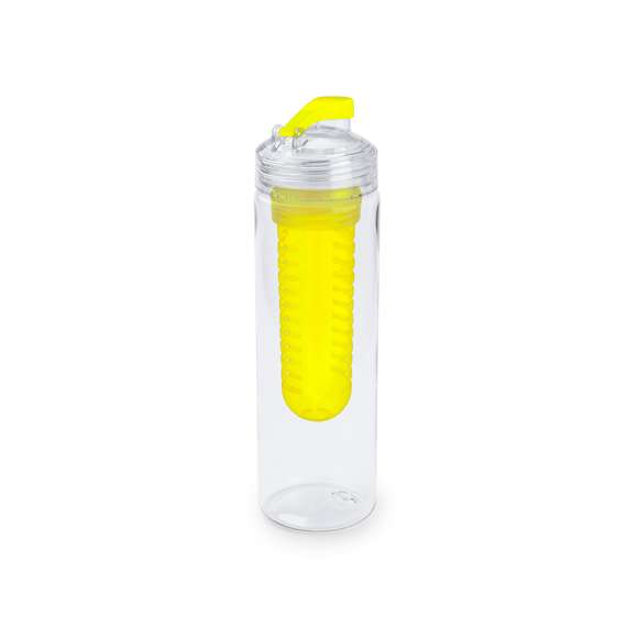  	Bidón de 700ml de capacidad en material tritán resistente al calor. Con dosificador de seguridad y tapón a rosca con accesorio enfriador en vivos colores. Presentado en caja individual.