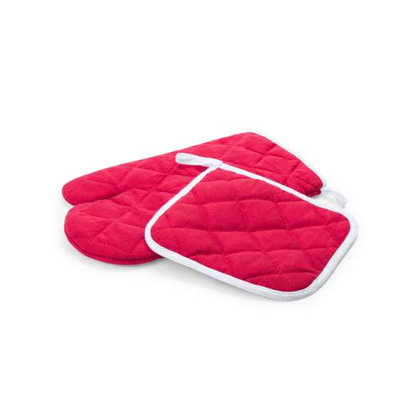 Set de cocina con agarrador y manopla en material TC -combinado de algodón y poliéster-. En variada gama en vivos colores con interior en blanco. Una cara lisa especialmente diseñada para impresión y cinta para colgar.