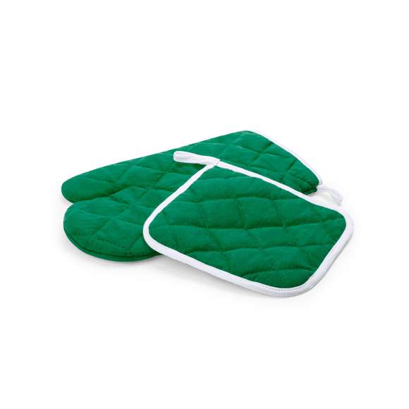 Set de cocina con agarrador y manopla en material TC -combinado de algodón y poliéster-. En variada gama en vivos colores con interior en blanco. Una cara lisa especialmente diseñada para impresión y cinta para colgar.