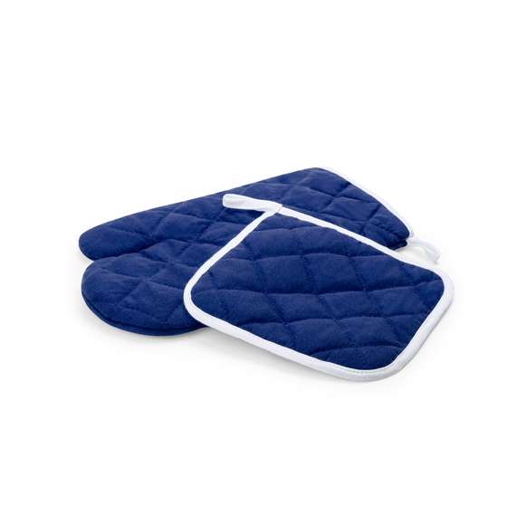 Set de cocina con agarrador y manopla en material TC -combinado de algodón y poliéster-. En variada gama en vivos colores con interior en blanco. Una cara lisa especialmente diseñada para impresión y cinta para colgar.