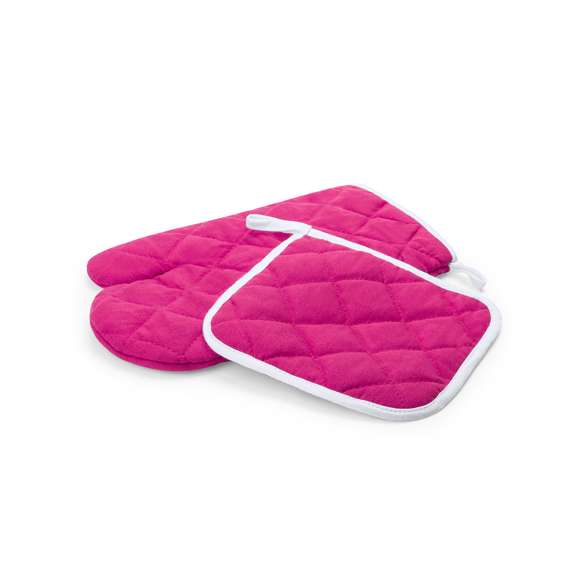 Set de cocina con agarrador y manopla en material TC -combinado de algodón y poliéster-. En variada gama en vivos colores con interior en blanco. Una cara lisa especialmente diseñada para impresión y cinta para colgar.