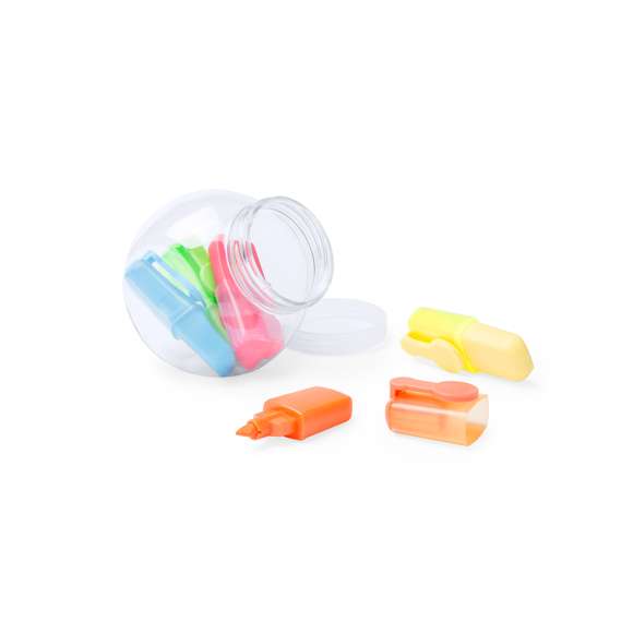Original set de marcadores fluorescentes de diseño minimalista en cinco colores, presentados en bote con cuerpo transparente y tapa blanca a rosca con superficie lisa para marcaje.