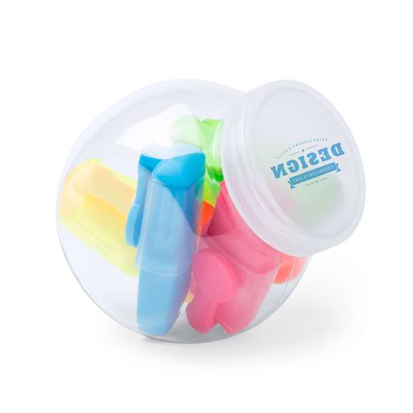 Original set de marcadores fluorescentes de diseño minimalista en cinco colores, presentados en bote con cuerpo transparente y tapa blanca a rosca con superficie lisa para marcaje.