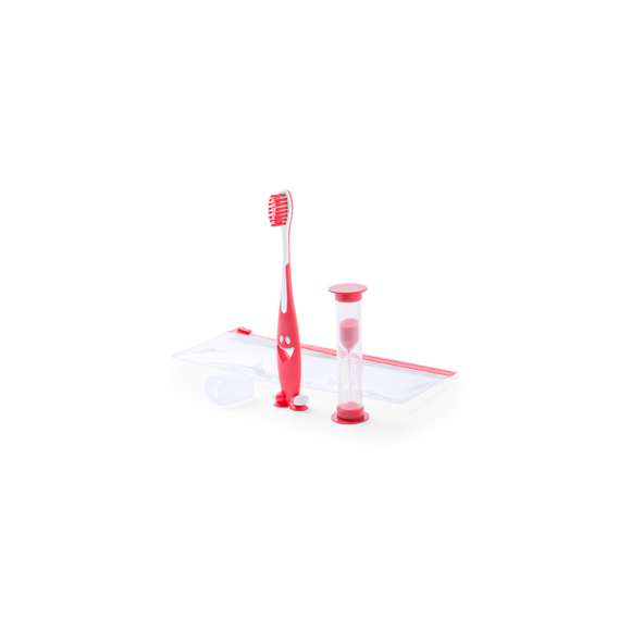 Set Cepillo de dientes y reloj de arena en llamativos colores. Incluye cepillo de divertido diseño y suave tacto con ventosas en la base y reloj de arena de 2 minutos de duración. Presentado en bolsa individual con cierre zip.