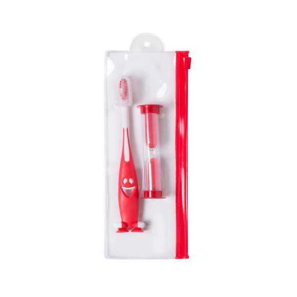 Set Cepillo de dientes y reloj de arena en llamativos colores. Incluye cepillo de divertido diseño y suave tacto con ventosas en la base y reloj de arena de 2 minutos de duración. Presentado en bolsa individual con cierre zip.