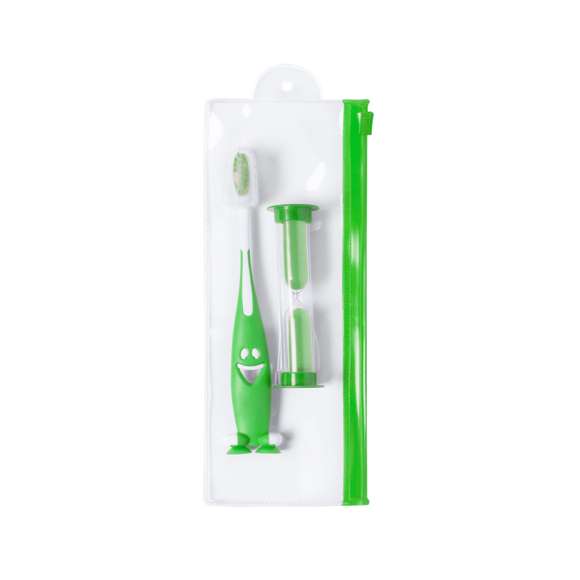 Set Cepillo de dientes y reloj de arena en llamativos colores. Incluye cepillo de divertido diseño y suave tacto con ventosas en la base y reloj de arena de 2 minutos de duración. Presentado en bolsa individual con cierre zip.