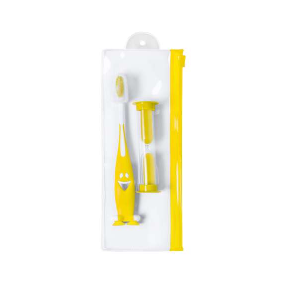 Set Cepillo de dientes y reloj de arena en llamativos colores. Incluye cepillo de divertido diseño y suave tacto con ventosas en la base y reloj de arena de 2 minutos de duración. Presentado en bolsa individual con cierre zip.