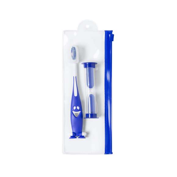Set Cepillo de dientes y reloj de arena en llamativos colores. Incluye cepillo de divertido diseño y suave tacto con ventosas en la base y reloj de arena de 2 minutos de duración. Presentado en bolsa individual con cierre zip.