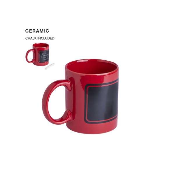 Taza de cerámica de 370ml de capacidad en divertida gama de vivos colores y con zona negra pizarra para pintar. Tiza incluida y presentada en caja individual.
