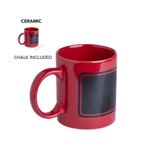 Taza de cerámica de 370ml de capacidad en divertida gama de vivos colores y con zona negra pizarra para pintar. Tiza incluida y presentada en caja individual.