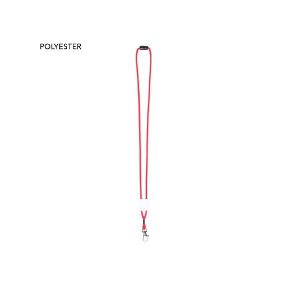 Lanyard en resistente y suave poliéster de cordón en variados y vivos colores. Con cierre de clic desmontable en cuello, accesorio mosquetón metálico y con pastilla central para marcaje